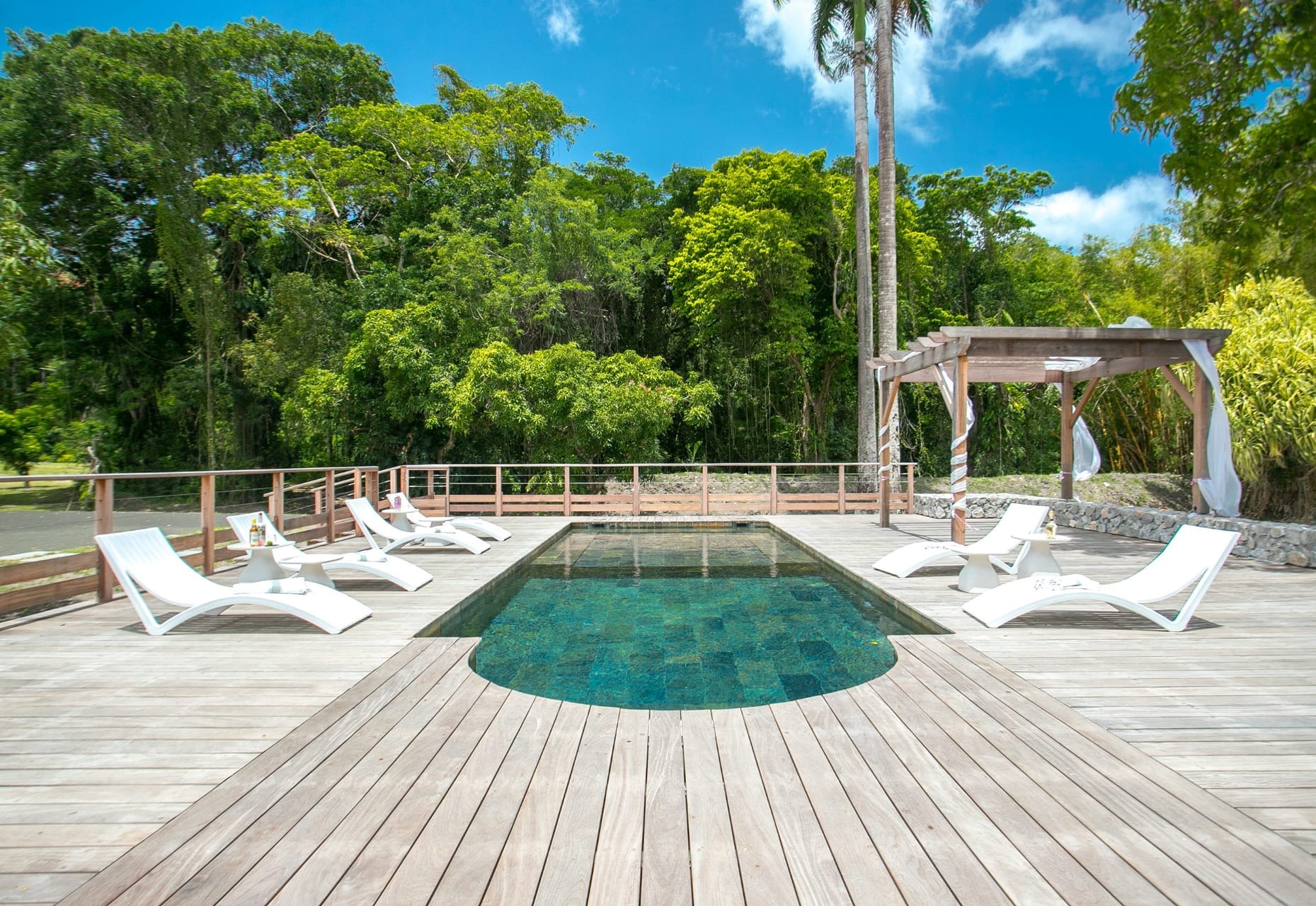 Piscine et deck face à la jungle